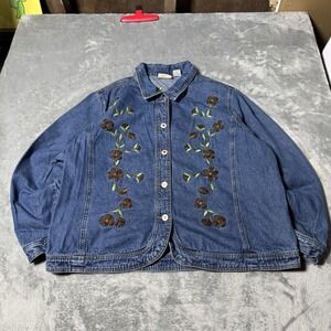 VTG 90s Crystal‎ Kobe Womens Denim Floral Embroidered Jacket Size L Indie Boho